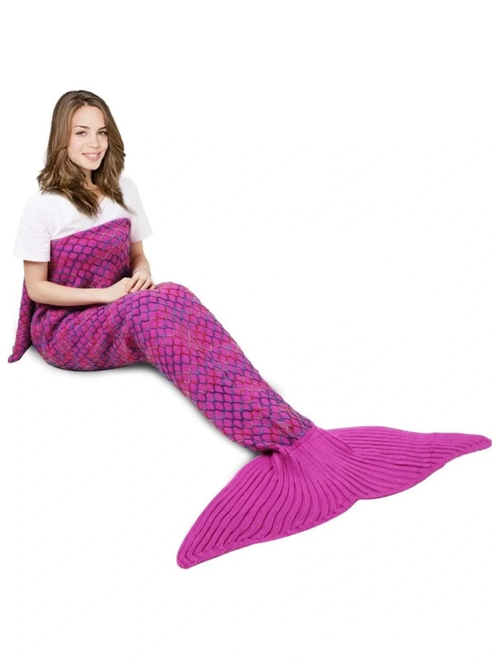 Pink rainbow crochet/knitted mermaid tail blanket throw. Soft and stretchy